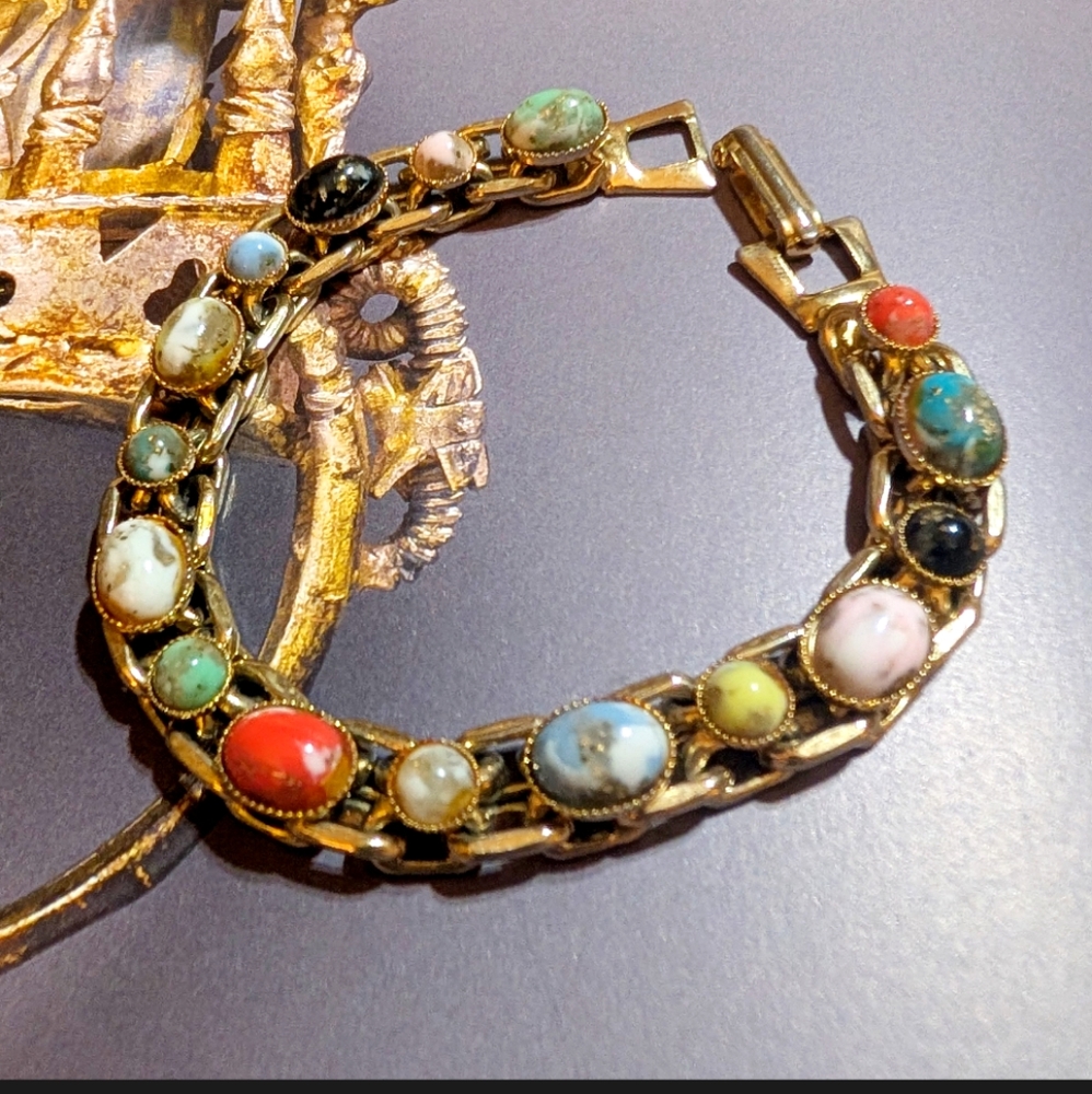 Vintage Art Glass Cabochon Heavy Chain Bracelet - Picture 4 of 7